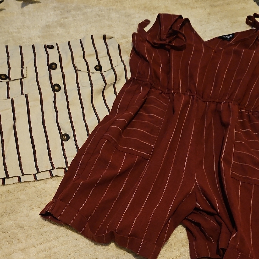 Blu Pepper Cream and Navy Striped Skirt And Maroon Striped Romper Lot